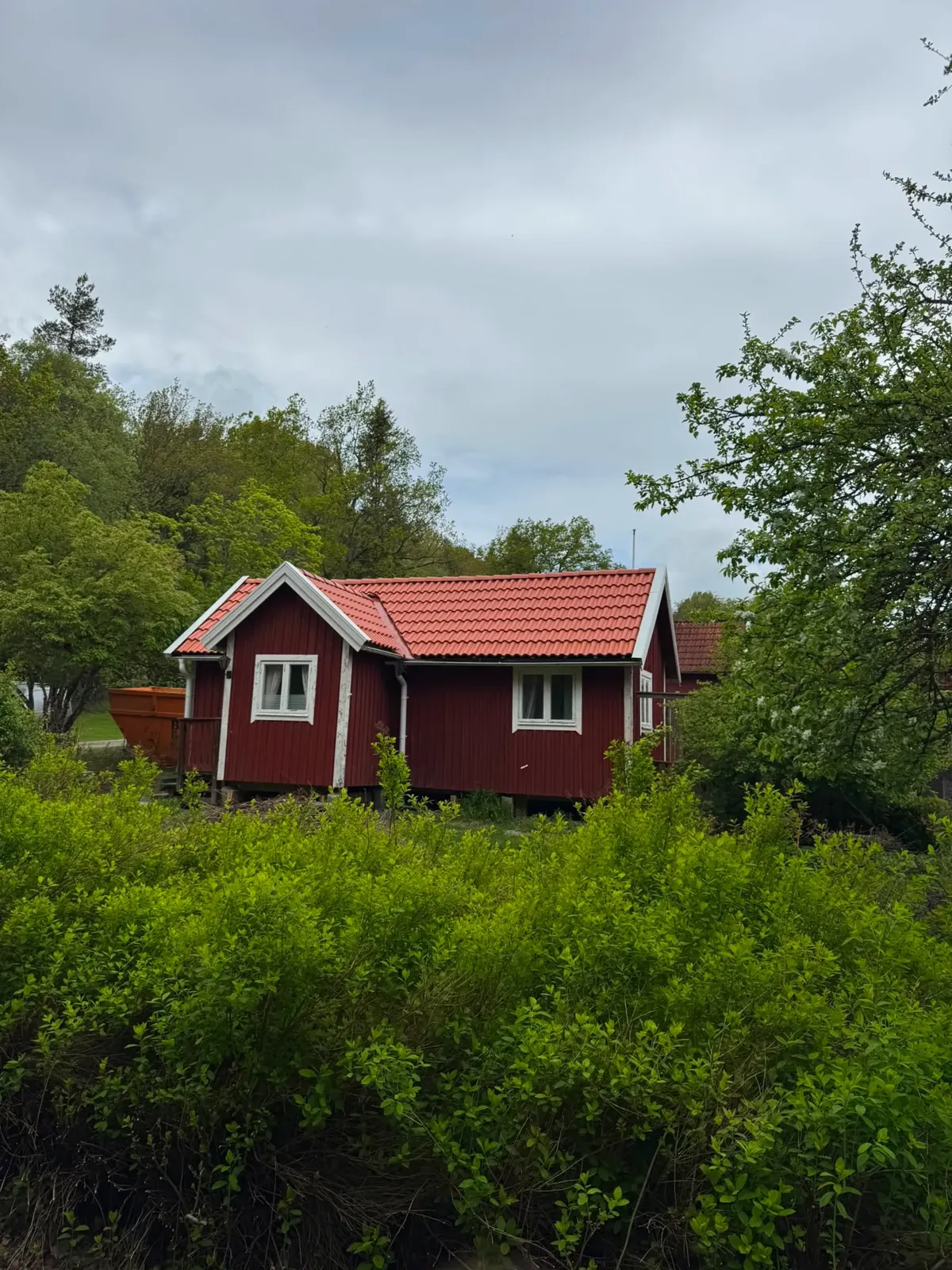 Faluröd stuga med målad fasad i grönska